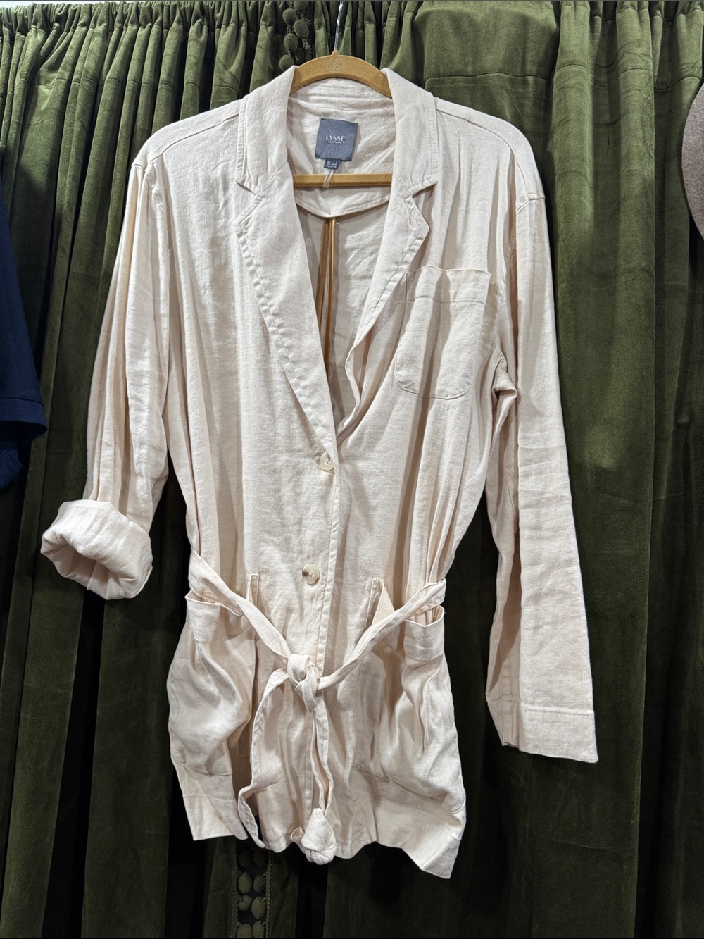 Lysse Cream Lightweight Belted Blazer Jacket linen with stretch size L.